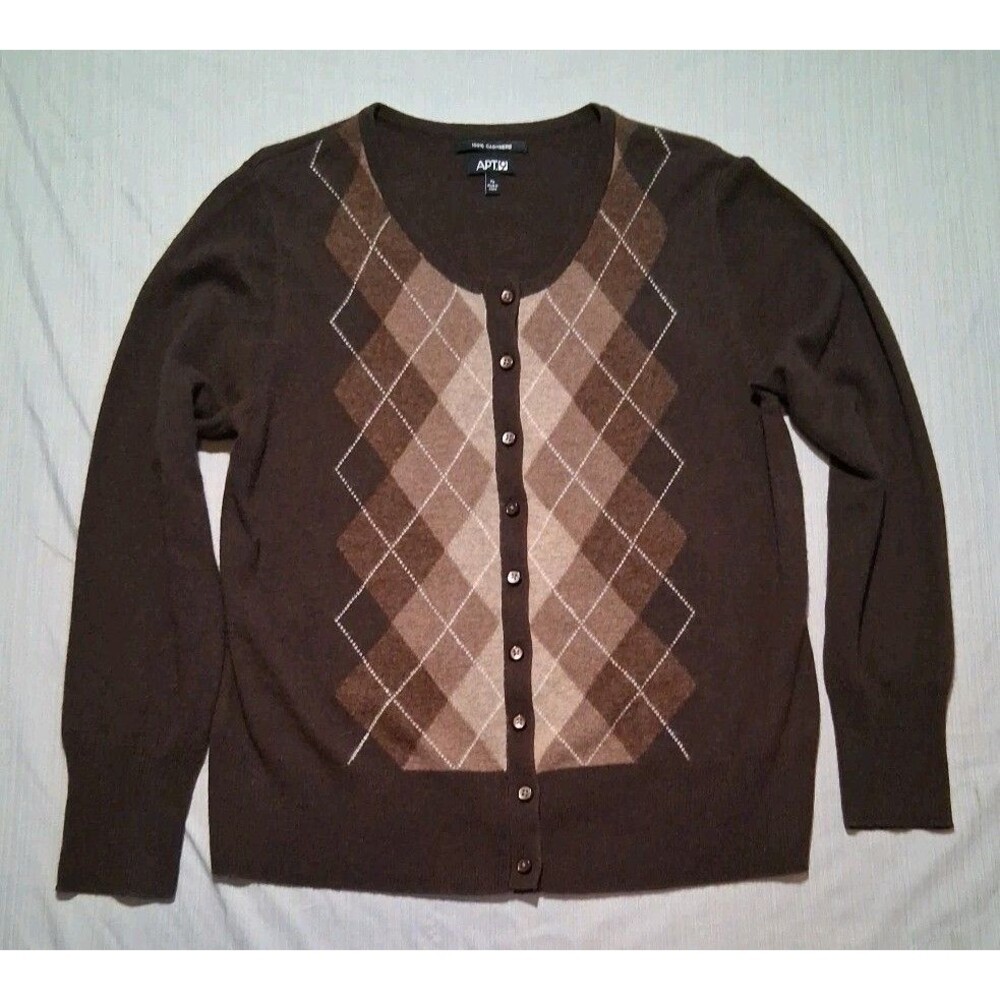 APT 9 100% Cashmere Cardigan Womens XL Brown Argyle 9 Button Super Soft